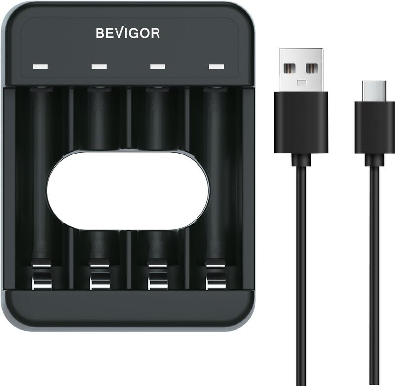 BEVIGOR 4 Bays AA AAA Battery Charger, USB High-Speed Charging, Independent Slot, for Ni-MH Ni-CD Rechargeable Batteries - Image 1